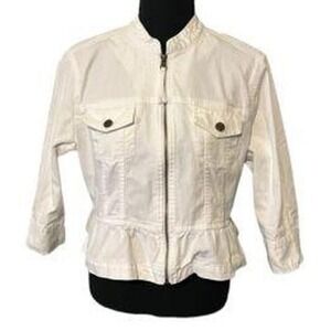 RUBY RD White Jacket Qtr Sleeve‎ Front Zip 2 Front Snap Pocket 12 Petite Career